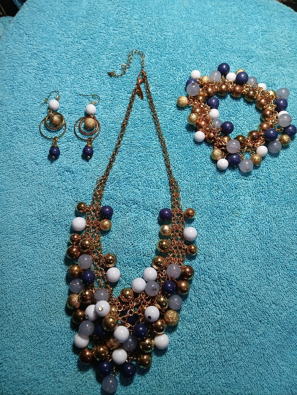 Blue White Gold Copper Beaded Bracelet Necklace Set Statement Jewelry
